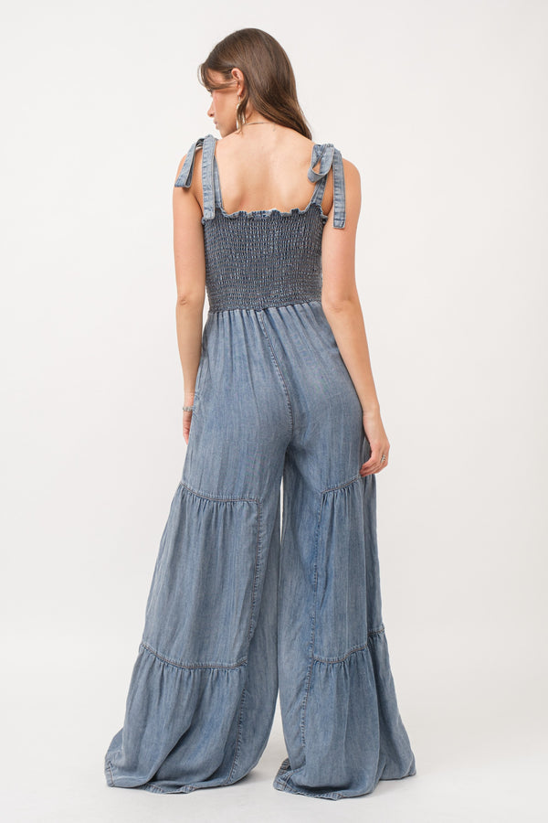 Smocked Tie Chambray Palazzo Wide Pant Jumpsuit