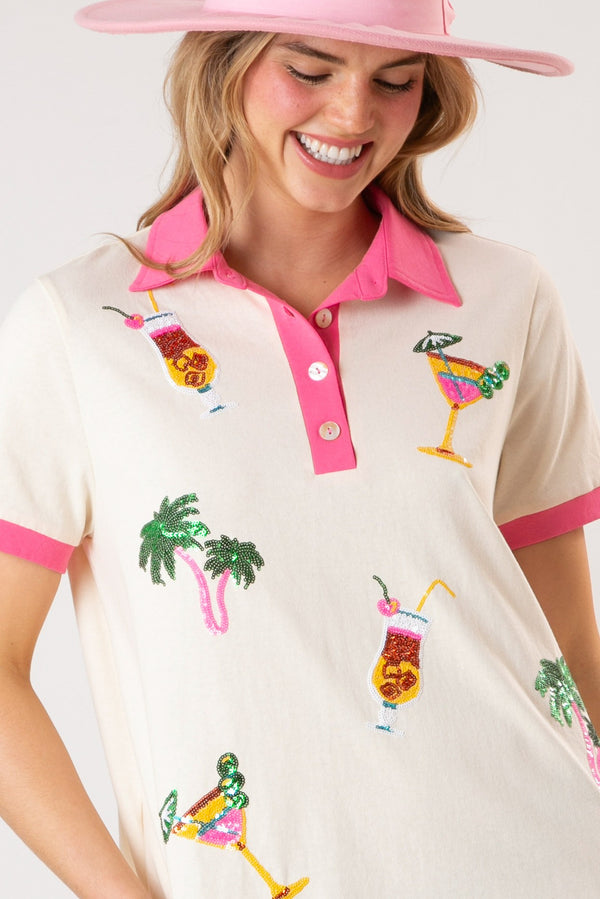 Cocktail & Palm Tree Sequins Color Block Dress