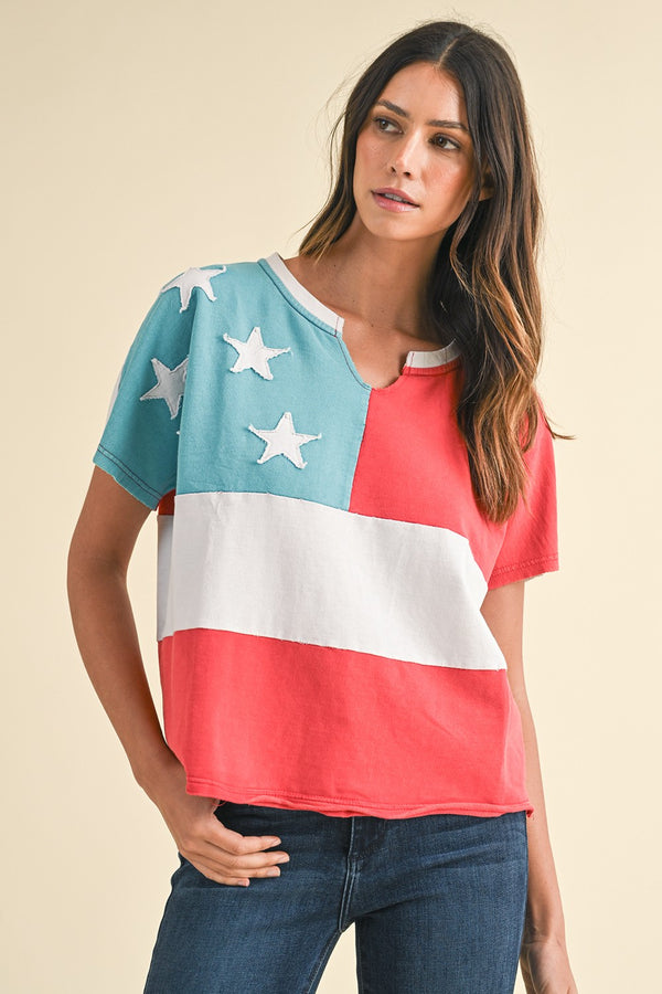 American Flag Motive Mineral Washed Knit Top