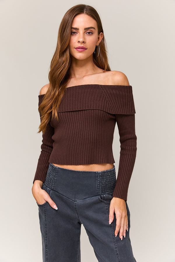 Time for Me To Go Off Shoulder Bow Back Ribbed Sweater