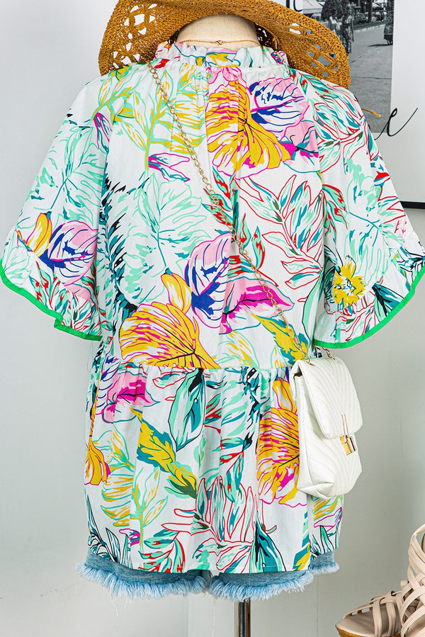 Tropical Floral Print Ruffled Short Sleeve Blouse
