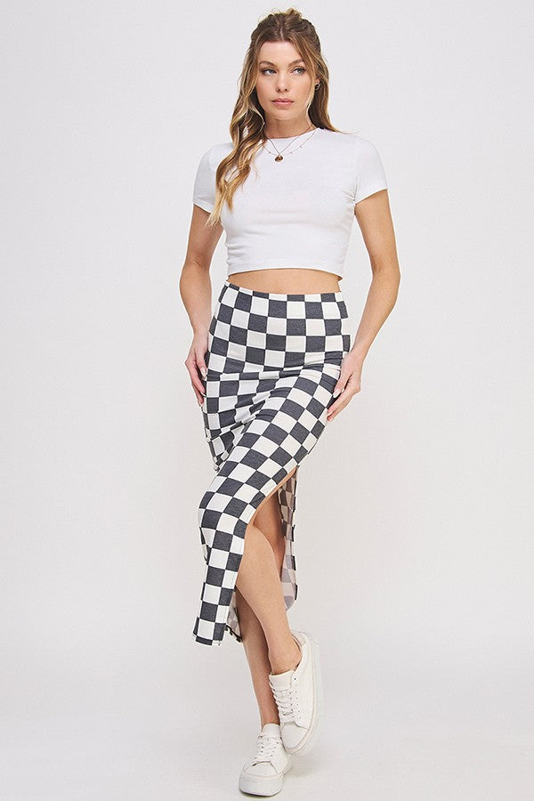 High Waist Checkered Slit Skirt