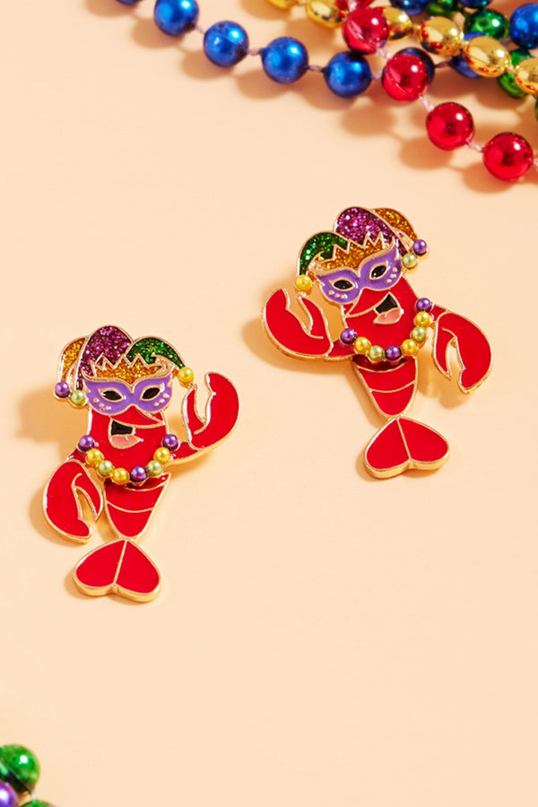 Glittered Enamel Mardi Gras Crawfish Earrings