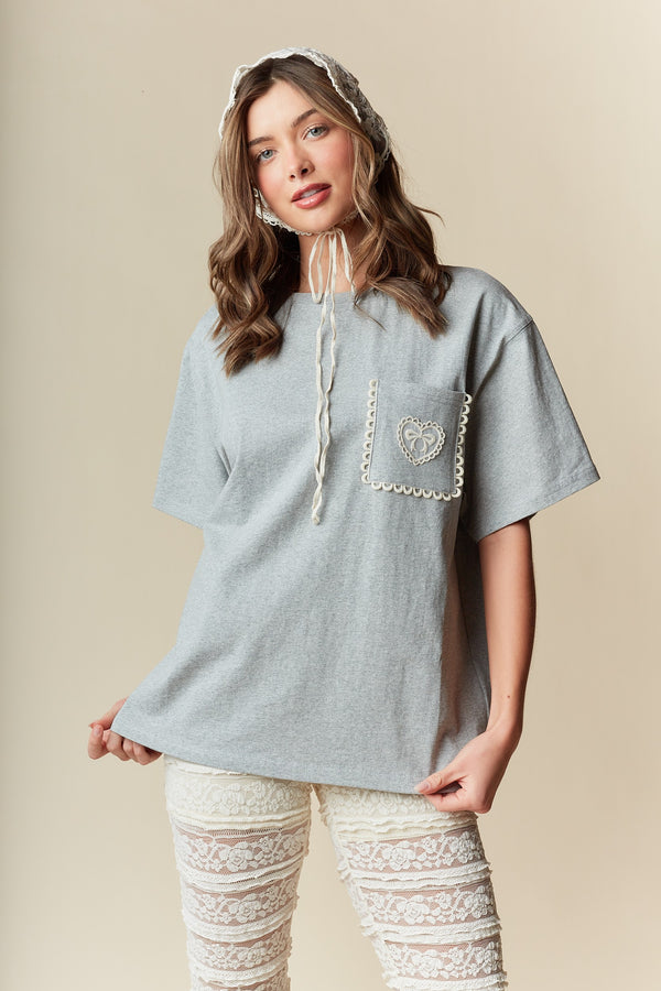 Heart & Bow Patch Pocket Oversized T-shirts