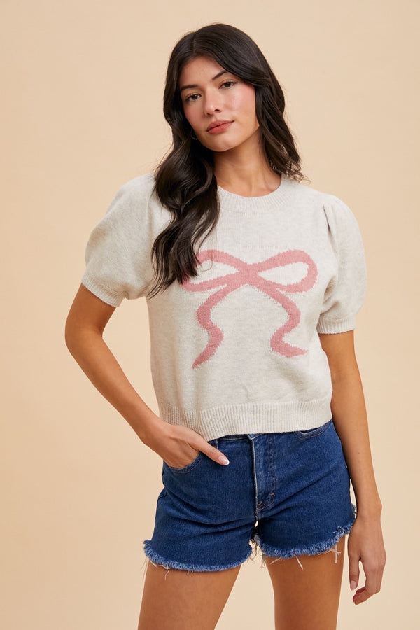 Soft Touch Bow Puff Sleeve Sweater Top
