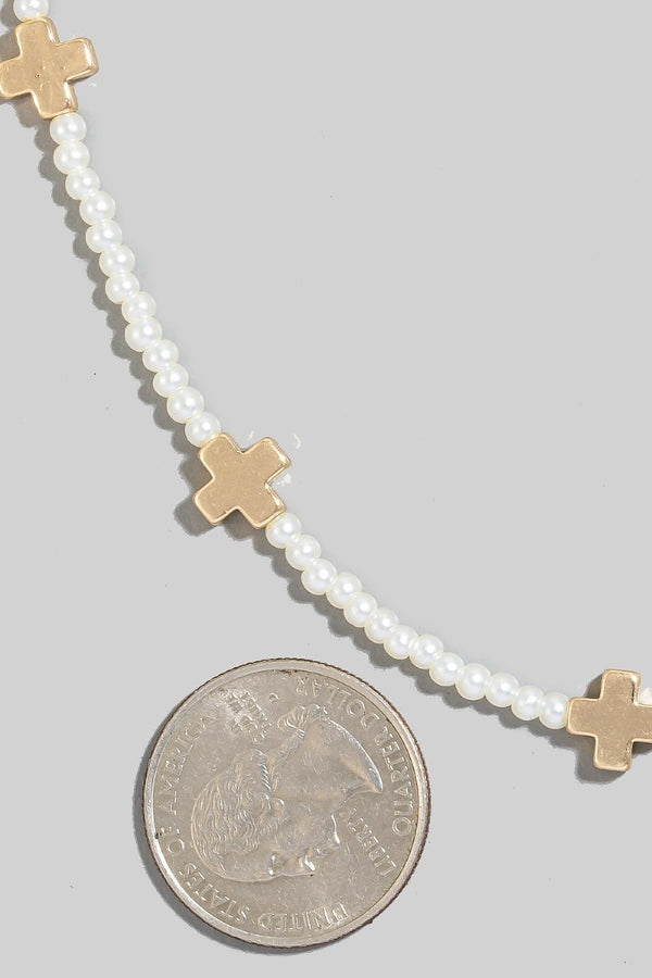 Metallic Cross Charms Pearl Beaded Necklace