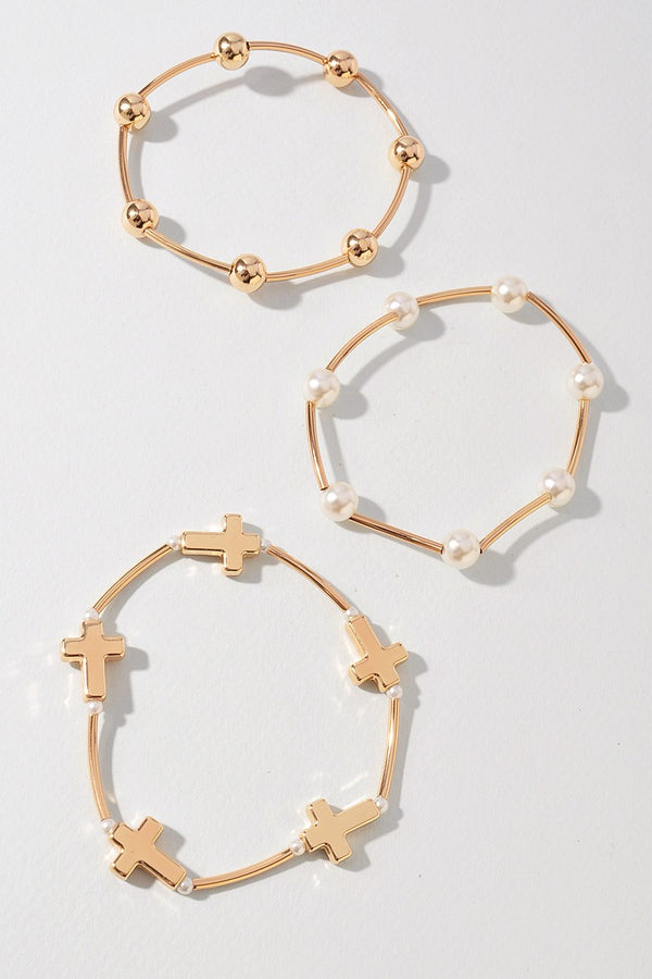 Metal Pearl Cross Stretch Bracelet Set
