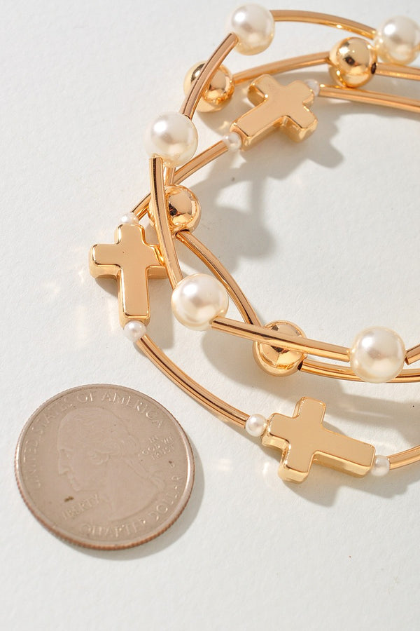 Metal Pearl Cross Stretch Bracelet Set