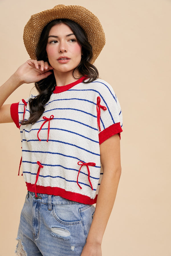Bow Patch Stripe Loose Fit Crop Sweater Top