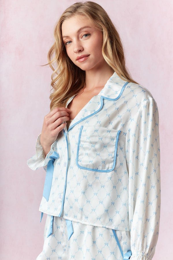 In My Dreams Satin Blue and White Bow Pajama Set