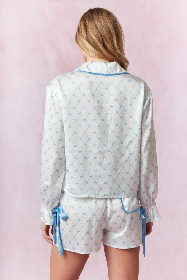 In My Dreams Satin Blue and White Bow Pajama Set