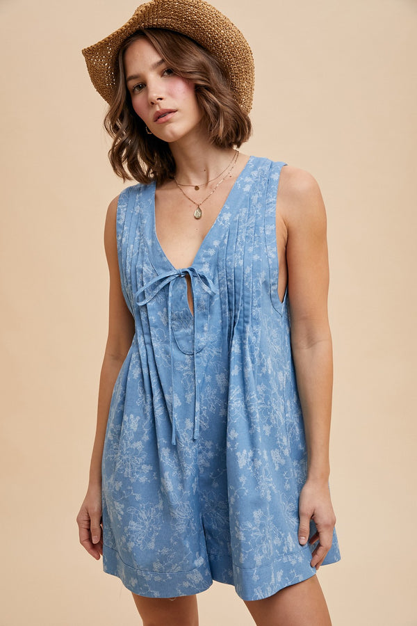 Delicate Florals Denim Romper
