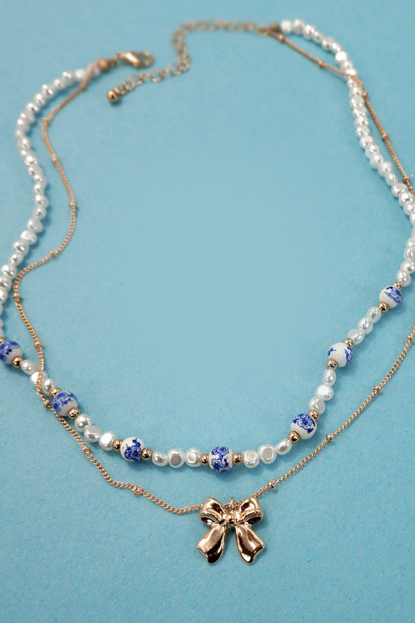 Bow Ceramic Porcelain Pearl Bow Layer Necklace