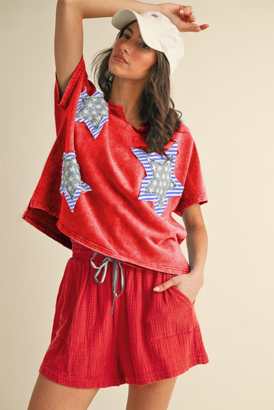 Mineral Washed Star Patched Knit Top