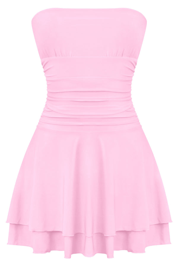 Soft Whispers Strapless Ruched Ruffled Tiered Mini Dress