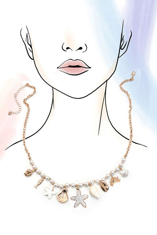 Charm Peral Necklace-seashell Starfish Crab Fish