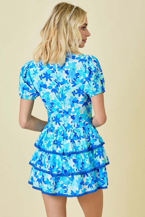 Floral Print Puff Sleeve Tiered Mini Romper Dress