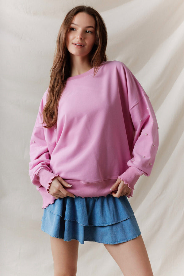 Pearl Studs Long Sleeves Top With Lettuce Rib