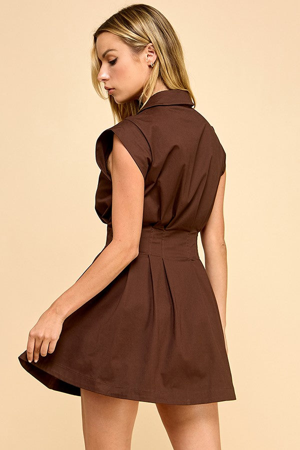 Zip Brown Pleated Mini Dress