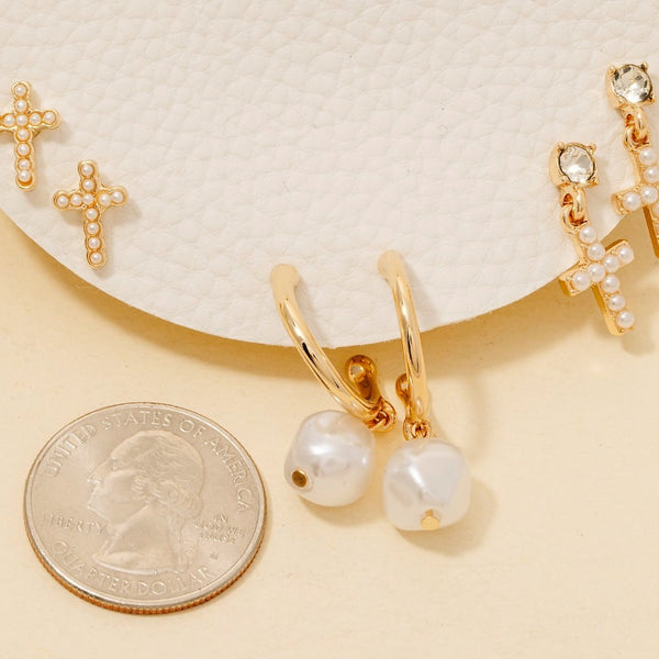 Pearl Pave Cross And Charm Mixed Earrings Set