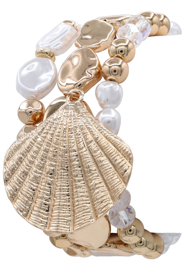 Metal Layered Shell Charm Stretch Bracelet Set