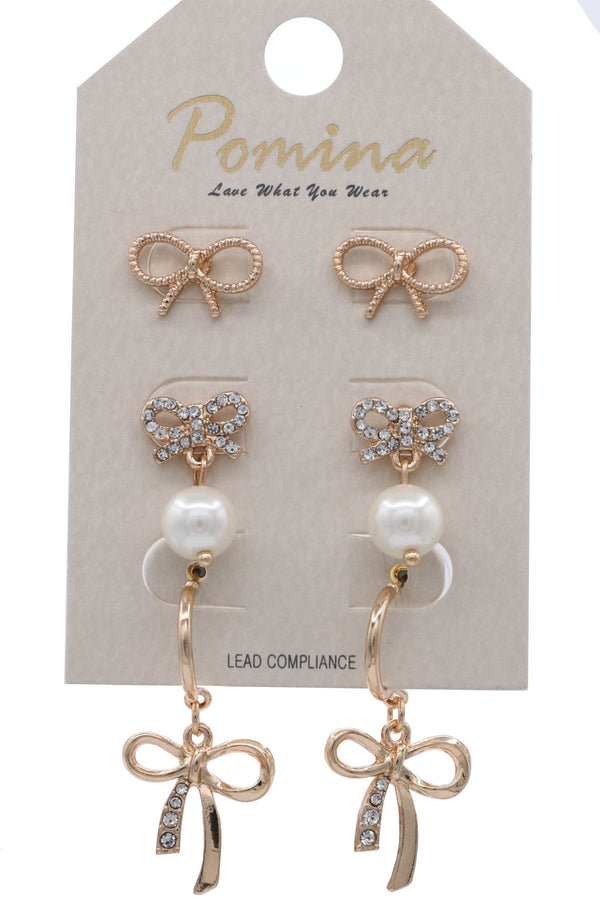 Metal Bow Tie 3 Pair Post Earring Set