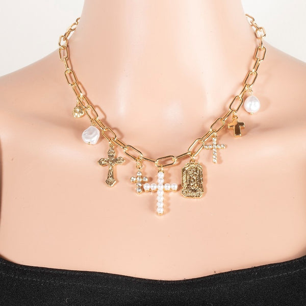 Pearl And Pave Multi Cross Charms Chain Necklace