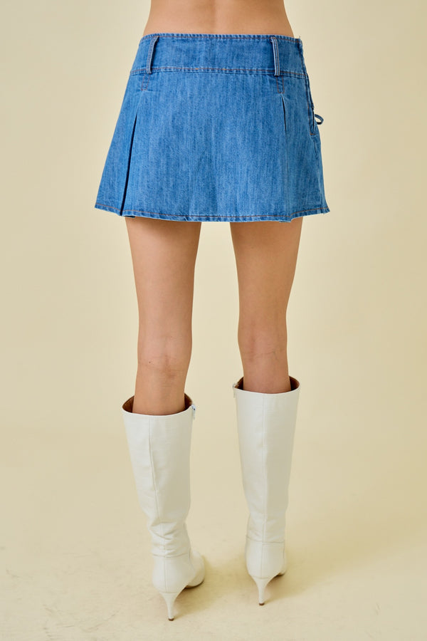Denim Pleated Mini Skort W/ Pocket Flaps And Ties