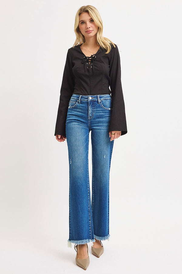 The Baylor Denim | Tummy Control Mid Rise Ankle Straight Fray Hem | RISEN