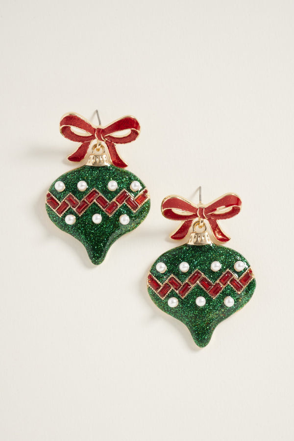 Red Green Christmas Bow Ornament Pearl Stone Post Earrings