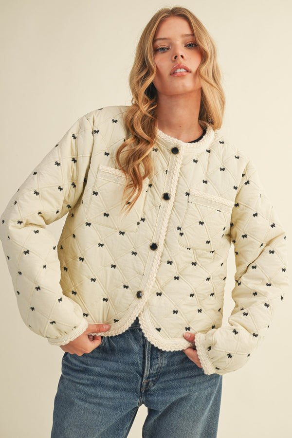 Bow Embroidered Quilted Puff Jacket
