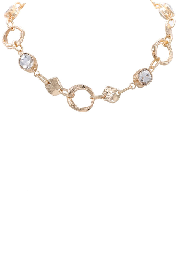 Metal Textured Open Circle Clear Stone Necklace