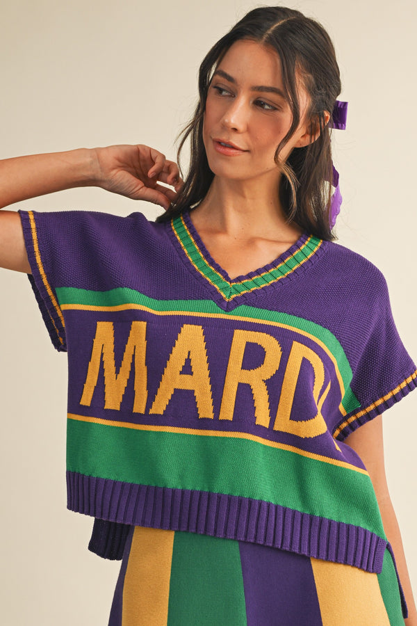 Mardi Gras Lettering Varsity Sweater Top