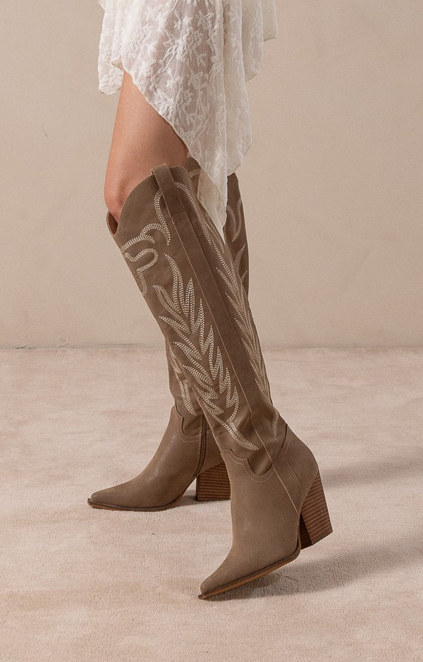 The Bronco Knee High Embordered Cowgirl Boots Dark Taupe