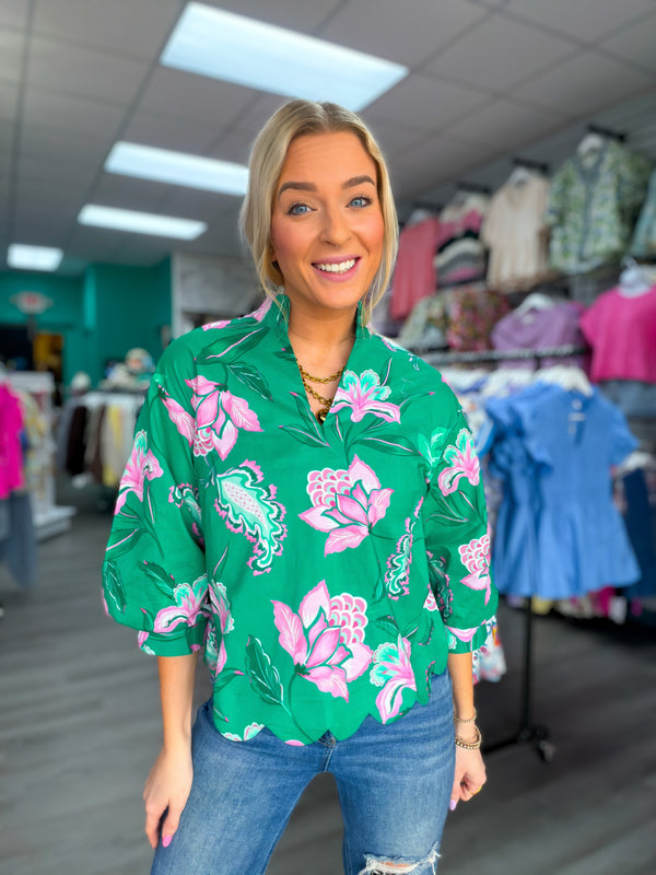 Emerald Bloom Scallop Blouse