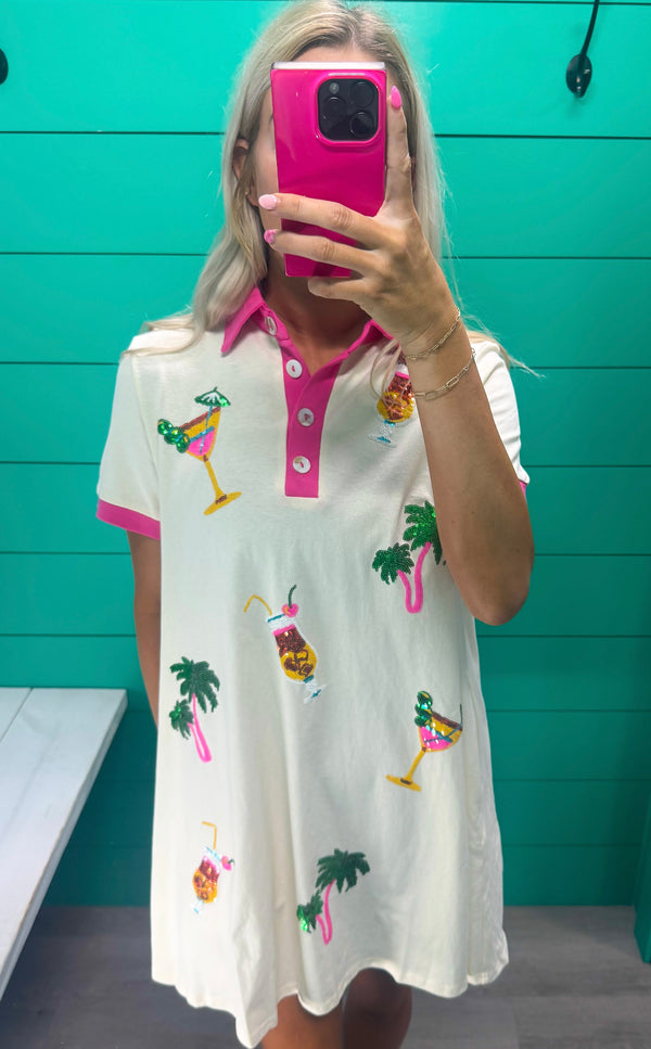 Cocktail & Palm Tree Sequins Color Block Dress