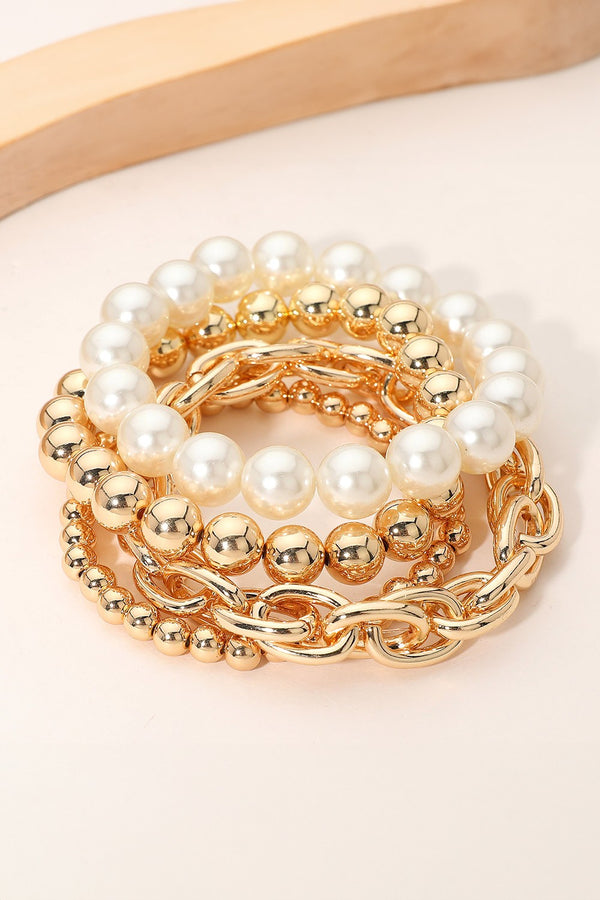 Pearl Metal Ball Mixed Stretch Bracelets - 4PC