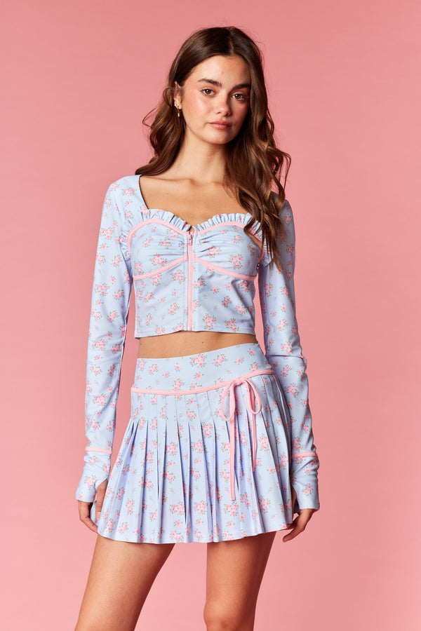 Floral Zip-up Crop Top & Pleated Skirt Set