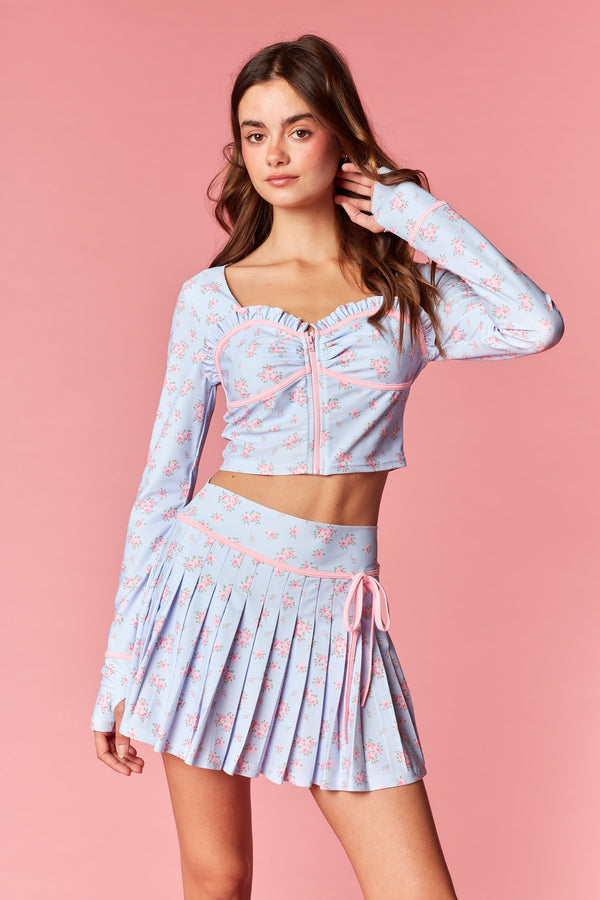 Floral Zip-up Crop Top & Pleated Skirt Set