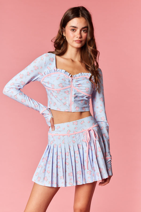 Floral Zip-up Crop Top & Pleated Skirt Set