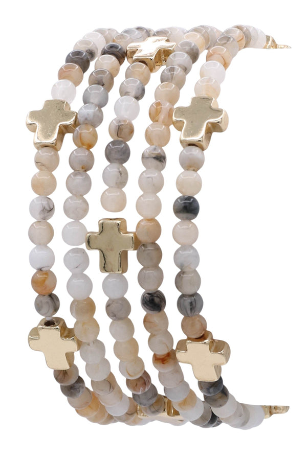 Cross Marble Bead Multi-stack Stretch Bracelet