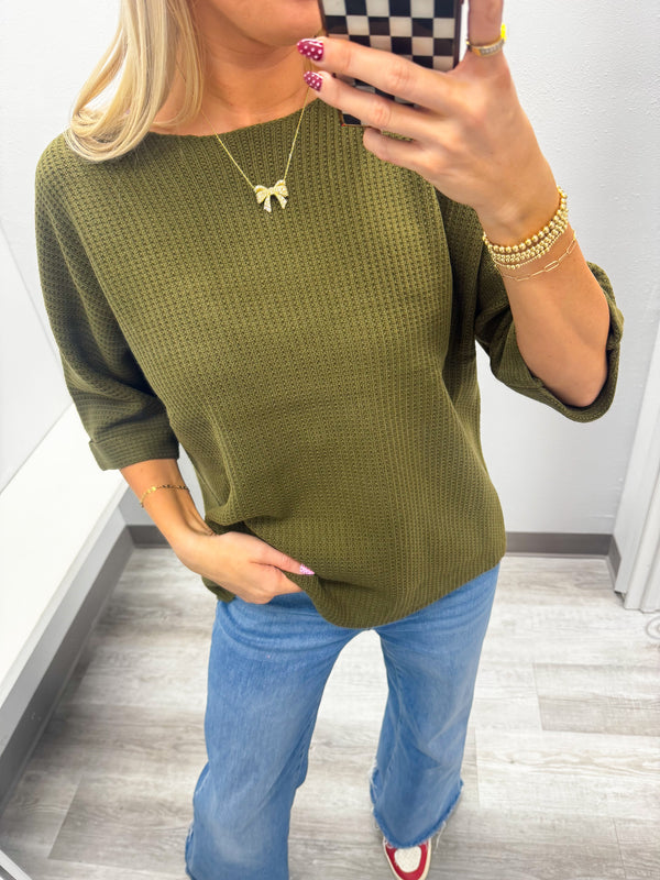 Green Knit Rolled Sleeve Sweater