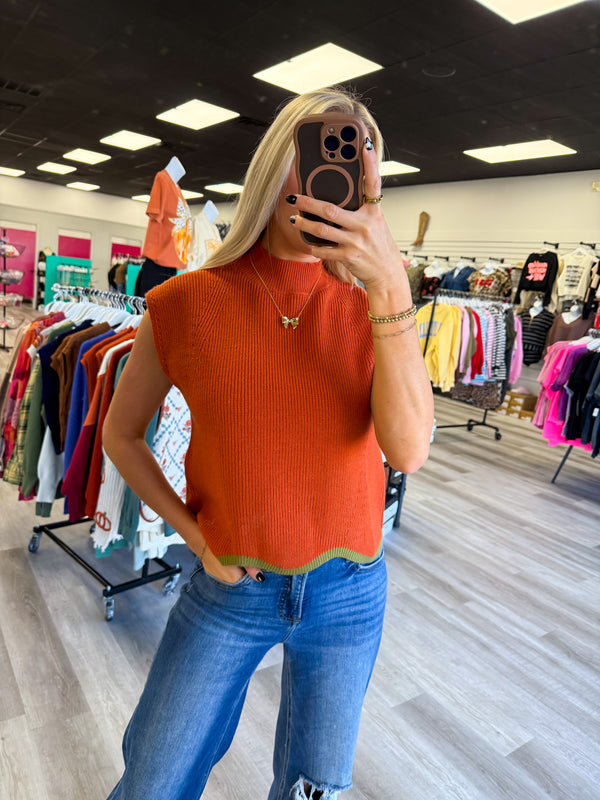 Pumpkin Scallop Contrast Trim Sweater