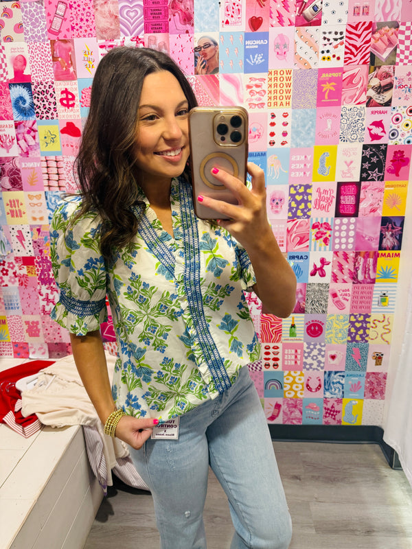 The Spring in Bloom Puff Sleeve Blouse | Blue