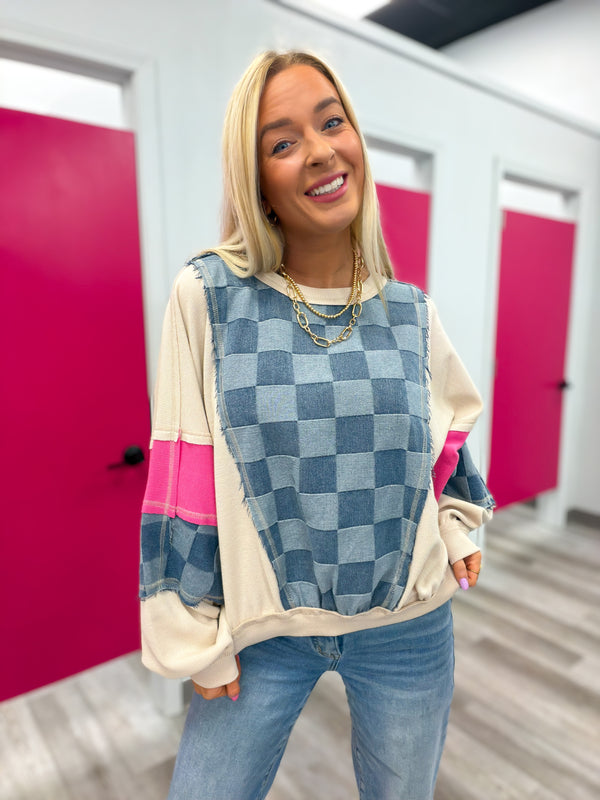 Catching Eyes Checkered Denim and Pink Pullover