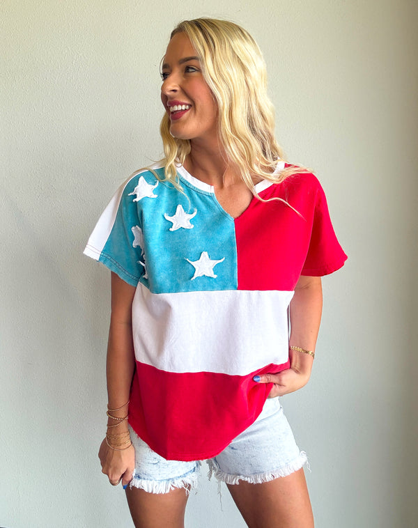 American Flag Motive Mineral Washed Knit Top