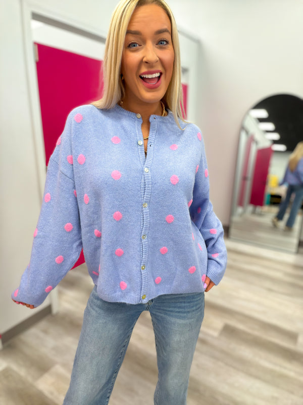 Classic Charm Polka Dot Cardigan | Blue and Pink