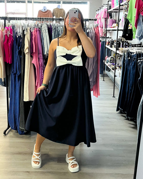 Double Bow Navy Midi Dress