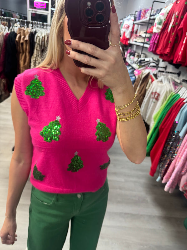 Christmas Tree Sweater Vest Pink