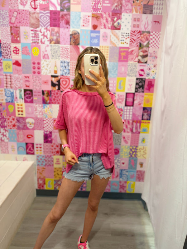 Corded Rib Short Cuff Sleeve Raw Edge Top